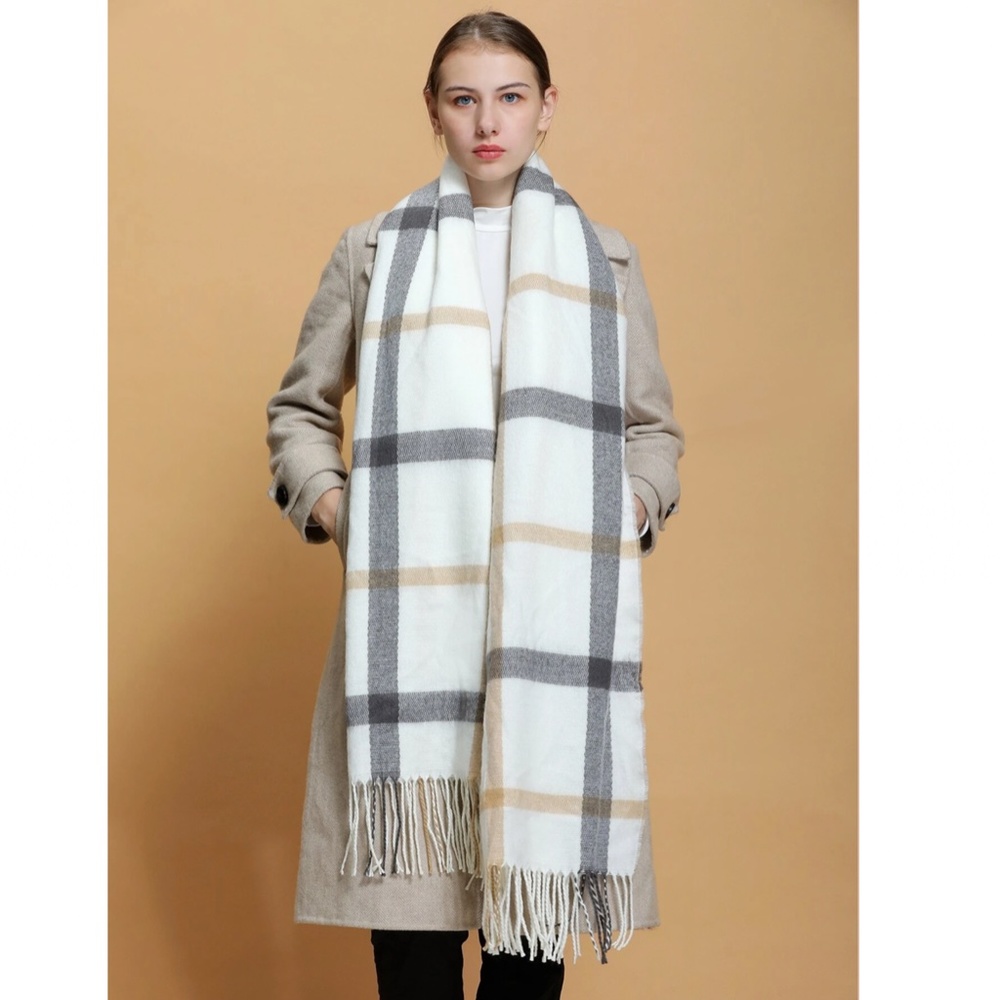 Plaid Knit Wide Scarf White Beige Tan Cream Grey Grid Checkered Tassel Fringe - Picture 2 of 9